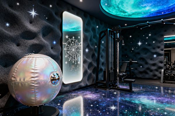 A home gym styled like outer space features a glossy galaxy-patterned epoxy floor and a circular ceiling panel glowing in teal and blue. Charcoal, cratered acoustic walls dotted with star motifs surround a backlit mirror etched with a constellation map; matte-black cable equipment and a bench sit alongside free weights, while an iridescent pearl spherical accessory with chrome detail anchors the foreground, creating a futuristic, immersive workout environment.