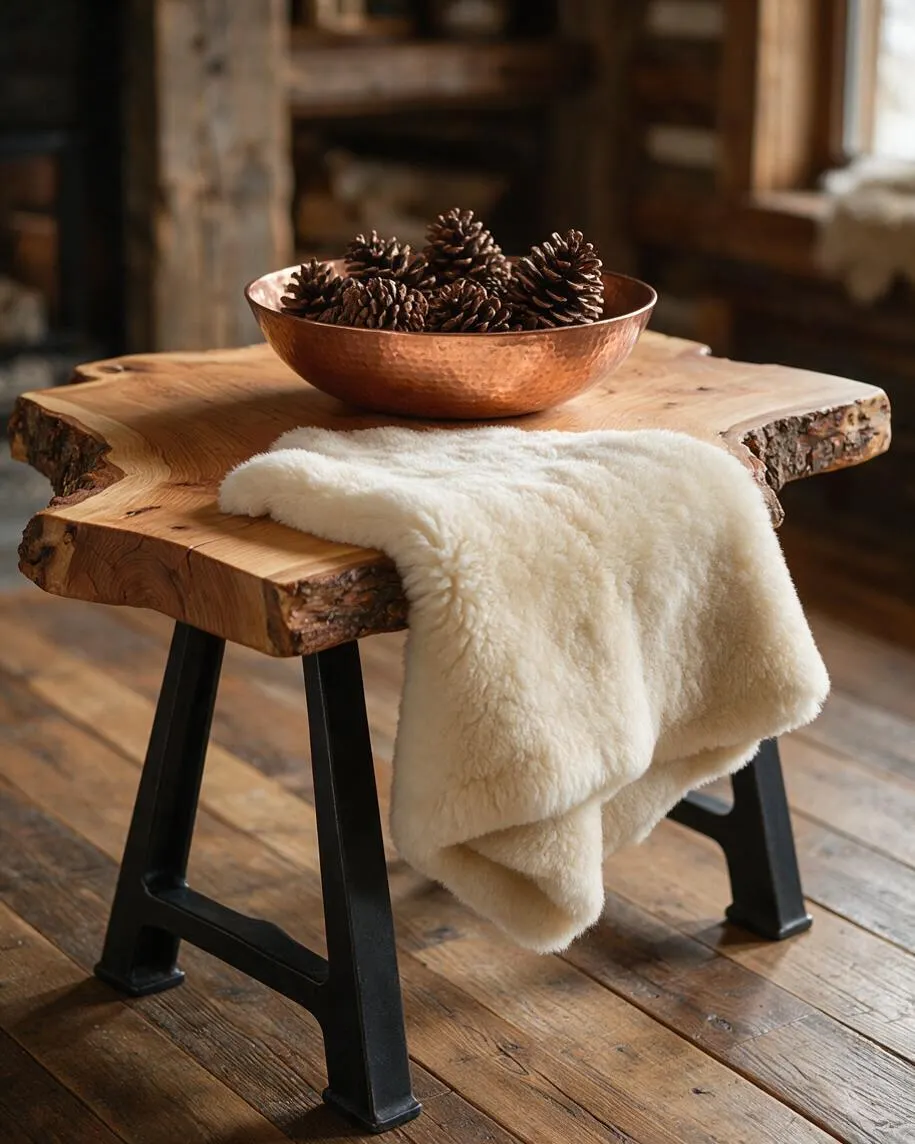 A rustic interior vignette featuring a live edge wooden bench with thick black metal legs. A cream faux fur throw drapes over the front edge, and a hammered copper bowl filled with pinecones sits on top.