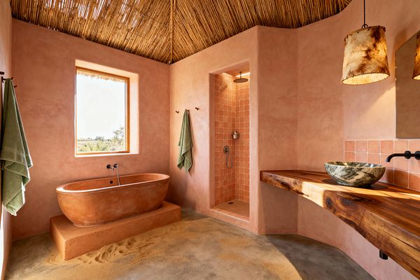 A Southwestern bathroom features blush-pink stucco walls and a reed-lined ceiling. A terracotta soaking tub on a raised plinth sits beneath a square, wood-framed window, next to an alcove shower tiled in small peach terracotta squares. A live-edge wood vanity holds a green marble bowl sink with a wall-mounted black faucet, lit by a rawhide pendant over a concrete floor lightly scattered with sand and sage green towels on hooks.