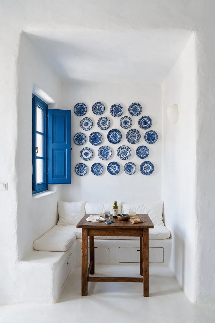A small Mediterranean-style dining nook with whitewashed walls, built-in white seating, and a rustic wooden table. Blue window shutters and a gallery of blue-and-white decorative plates add bold contrast against the bright, minimalist interior.