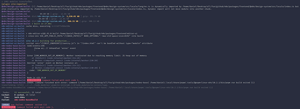 A terminal output displaying an error encountered while building the n8n application due to memory limitations.