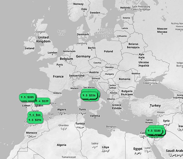 Dashboard showing a world map with hotel clusters represented by red pins across multiple regions, particularly highlighting Europe with several pins.
