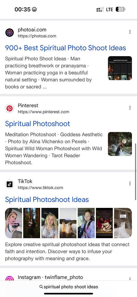 The image displays a mobile search results page featuring various links related to spiritual photo shoot ideas.