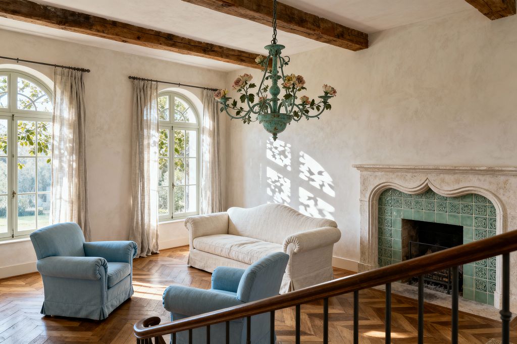 A sunlit French Country living room features arched windows with sheer linen curtains, exposed wood ceiling beams, and limewashed walls, with a cream linen sofa and two powder blue armchairs on an oak herringbone floor facing a carved limestone fireplace lined with green ceramic tiles. A patinated sage-green floral chandelier hangs above, casting leafy shadows on the wall, while a wooden stair railing appears in the foreground.