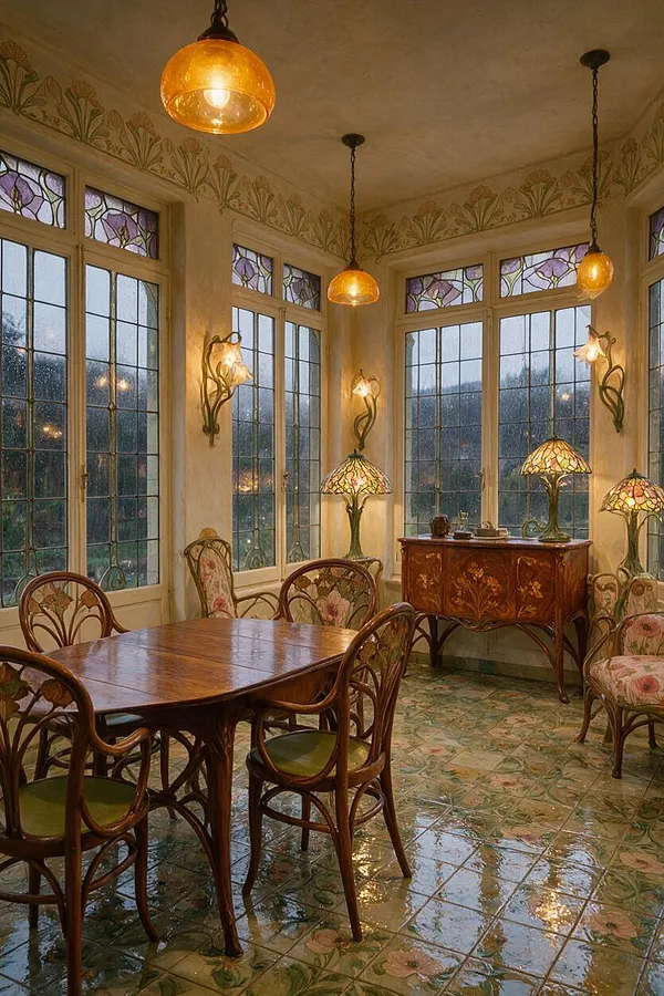 An Art Nouveau patio with tall leaded windows, floral stained-glass transoms, and carved wood furniture arranged around a polished wooden table. Decorative wall sconces and stained-glass pendant and table lamps cast a warm glow over patterned floral tile floors.