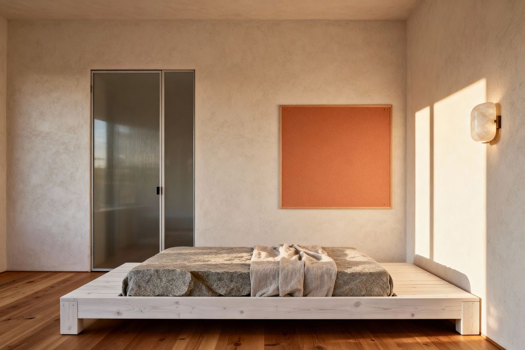 Sunlit minimalist kids’ room with a low whitewashed pine platform bed topped by a stone‑like gray cushion and a draped linen throw. Warm white plaster walls frame a large terracotta cork board and a ribbed frosted‑glass sliding door; a brass‑mounted frosted sconce glows on the right above wide‑plank natural wood flooring, with long window shadows adding calm in an uncluttered, ground‑level layout.