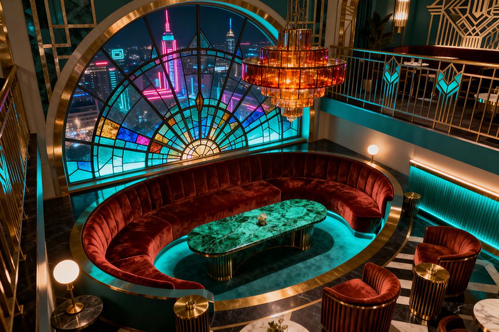 A double-height Art Deco living room features a sweeping curved banquette in oxblood velvet surrounding an oval emerald-green marble coffee table on fluted brass legs, set atop black marble flooring with white geometric inlay. A large arched stained-glass window with fan-pattern panes overlooks a neon-lit cityscape, while teal walls, brass railings, concealed turquoise lighting, an amber tiered chandelier, and small globe table lamps complete the glamorous, jewel-toned scheme.