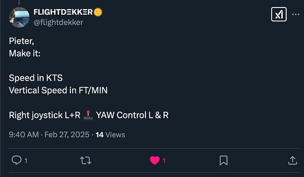 A tweet requesting specific speed metrics for a flight simulation task.