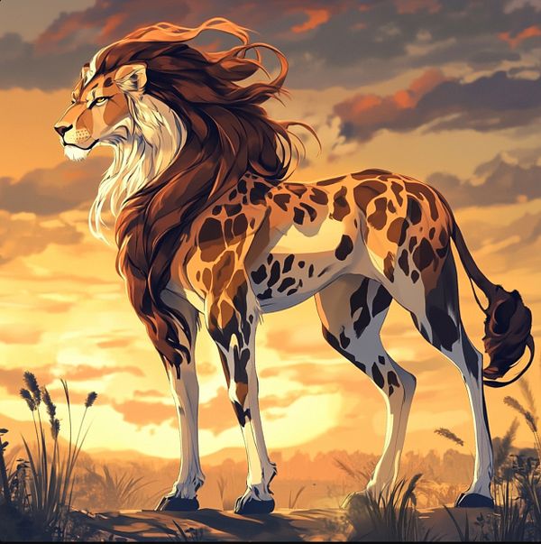 A fantastical creature with the body of a giraffe and the head of a lion stands majestically against a sunset backdrop.
