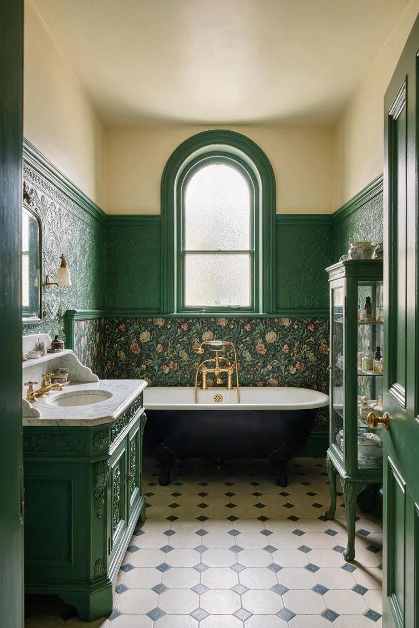 A Victorian-style master bathroom with deep green wainscoting, ornate patterned wallpaper, and a tall arched frosted window. The room includes a black clawfoot bathtub with brass fixtures, a carved green vanity with a marble sink, and a glass display cabinet, all set over a pale tiled floor with dark diamond accents.