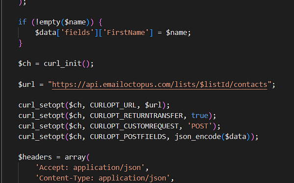 The image displays a snippet of PHP code related to an API request for a newsletter registration system.