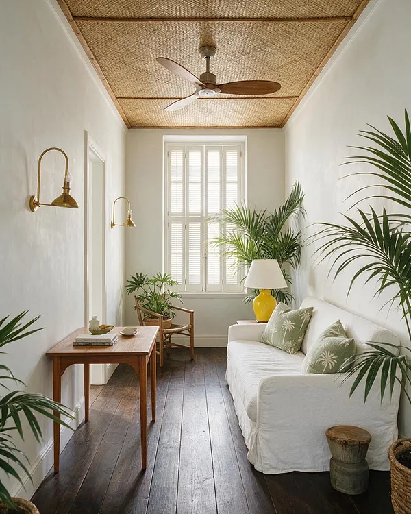 A narrow studio apartment with white plaster walls, dark wood floors, and a woven rattan ceiling framed in wood. A white sofa with palm-print pillows sits beside a bright yellow lamp, while potted palms and a woven chair add a lush tropical feel.