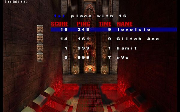 Screenshot of a Q3 arena match in the game Quake 3 with player rankings and game HUD details.