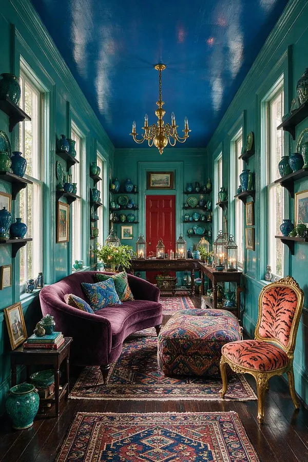 A narrow front porch styled as an intimate sitting room, with teal walls, a glossy cobalt blue ceiling, and a gold chandelier overhead. The space is filled with layered Persian-style rugs, a purple velvet settee, a tiger-print upholstered chair, decorative shelves of blue-green pottery, and lanterns and framed art arranged along the walls.