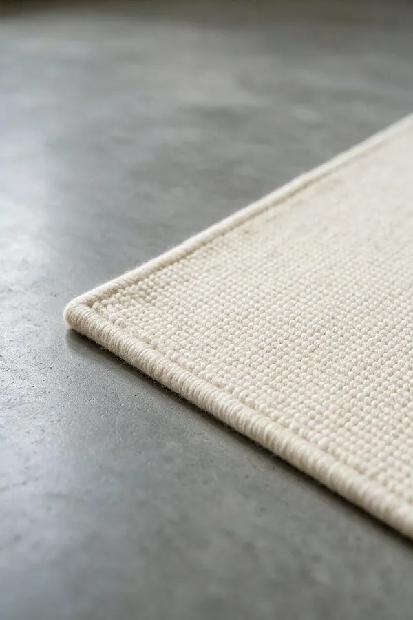 A close-up view of a cream-colored woven rug placed on a smooth gray concrete floor. The rug has a dense, textured weave and a bound edge, creating a soft contrast against the cool, industrial surface.