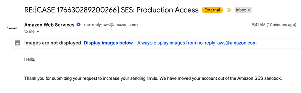 An email notification confirming Amazon SES production access approval.