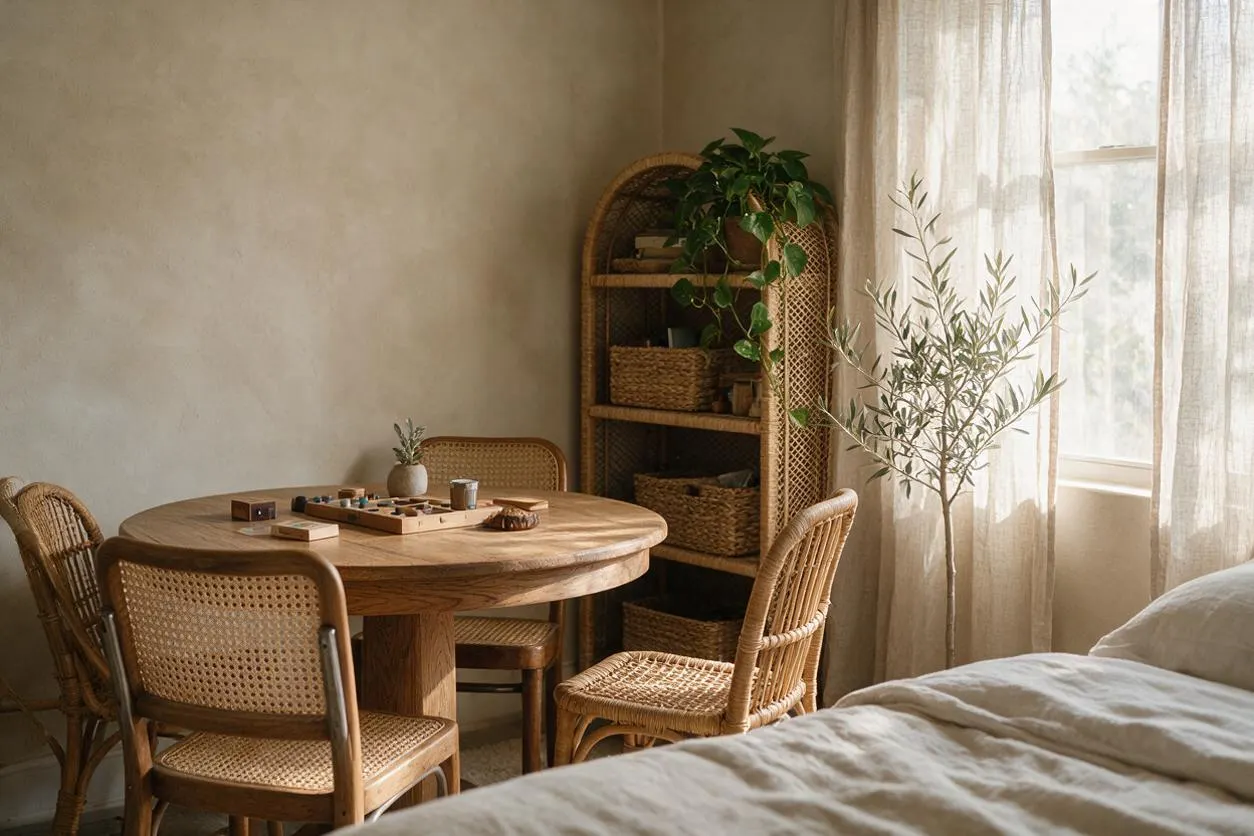 A cozy biophilic game room with a round wooden table and woven rattan chairs arranged by a bright window. Sheer curtains filter daylight over a tall rattan shelf, potted greenery, and a soft neutral palette that creates a calm, organic atmosphere.