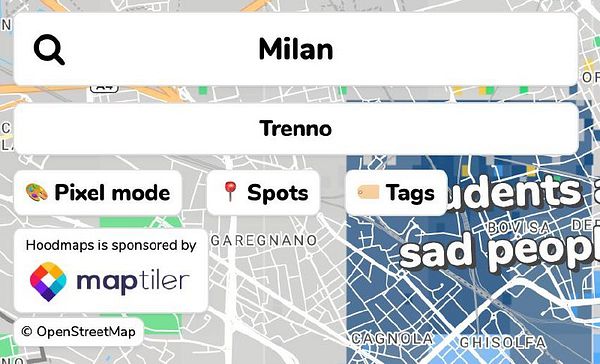 The image displays a map interface for Milan with various interactive elements and labels.