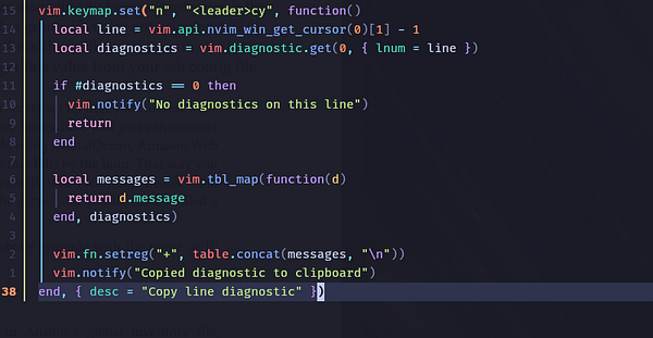 Screenshot of neovim in a terminal showing an error message alongside a clipboard copy notification.