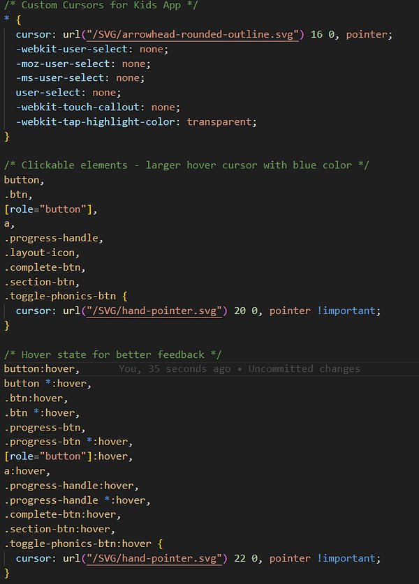 The image displays a code snippet for implementing custom cursors in a kids app.