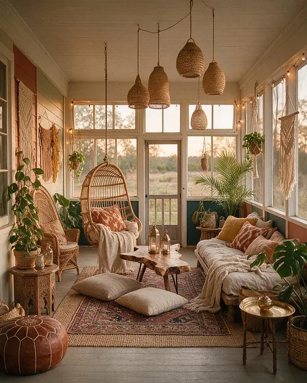 A cozy front porch enclosed with large windows and a glass door, styled with bohemian decor. The space features a rattan hanging chair, a low wood coffee table, layered rugs and cushions, wicker seating, hanging woven pendant lights, potted greenery, and macramé wall hangings in warm earthy tones.