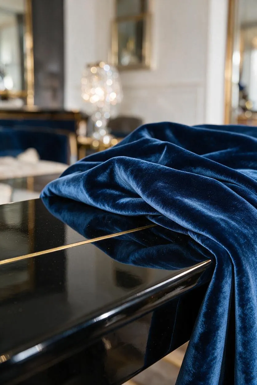 A rich navy velvet fabric is draped over a glossy black lacquered table with a thin gold inlay, creating a luxurious focal point. In the softly blurred background, mirrored surfaces, gold accents, and a sparkling lamp reinforce the elegant Hollywood Regency atmosphere.