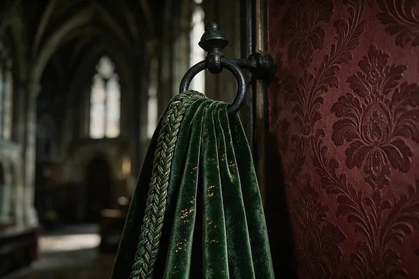 A dark Gothic interior scene showing a deep green velvet drape hanging from a black iron ring beside a burgundy damask-patterned wall. The blurred background suggests a cathedral-like space with tall arches and stained-glass style windows.