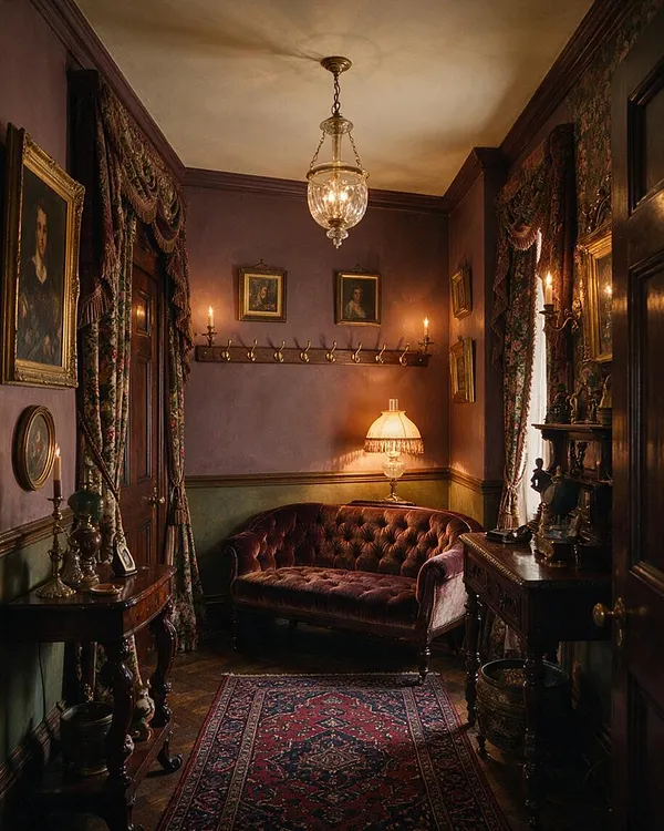A narrow Victorian entryway with dark wood trim, plum walls, and layered floral drapery framing the windows. The space includes a tufted velvet loveseat, antique-style wall art, a glass pendant light, a patterned Persian-style rug, and candle sconces that create a warm, dramatic atmosphere.