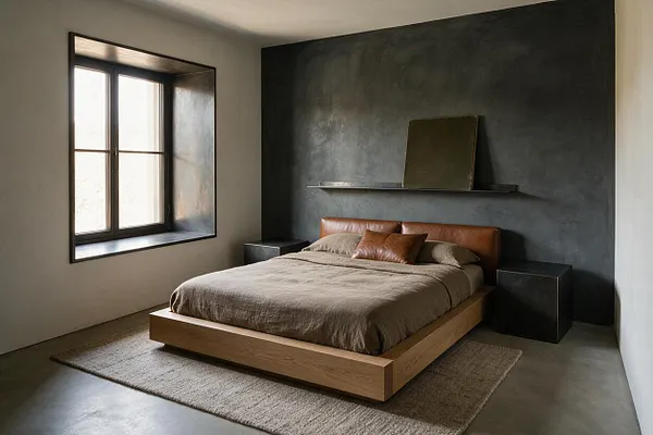 A minimalist guest bedroom with a low wooden platform bed centered against a dark textured accent wall. The bed has taupe bedding, a brown leather headboard and pillow, black side tables, a narrow wall shelf, and a large window with a dark frame on the left.