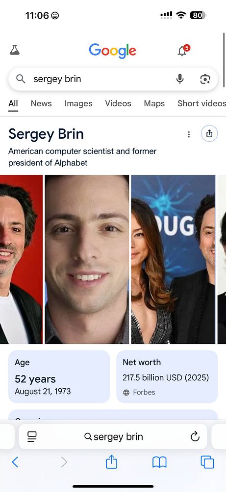 The image displays a Google search result for Sergey Brin, featuring his profile information and images.