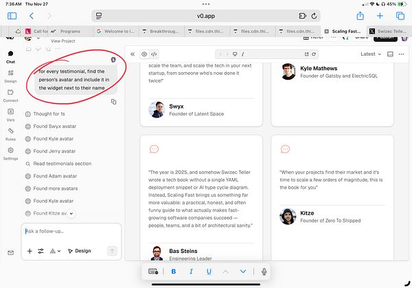 The image displays a task management interface with a focus on adding avatars to testimonials.