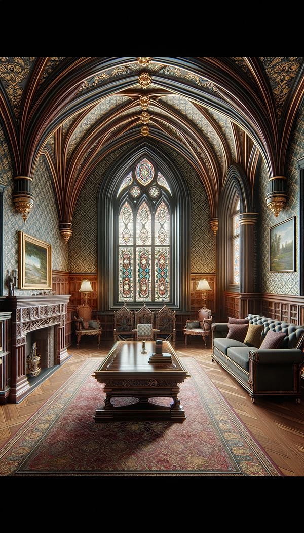 An interior room designed in the Neo-Gothic style, featuring pointed arches, dark wood furniture, patterned wallpaper, and a stained glass window.