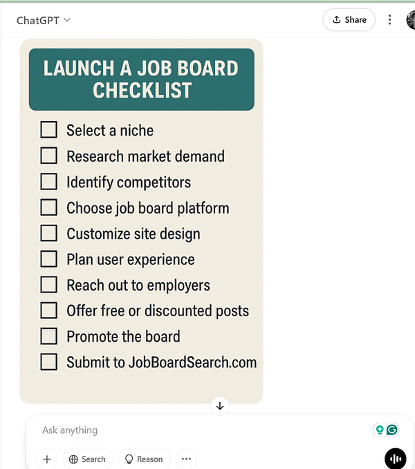 A checklist for launching a job board is displayed in a visually appealing format.