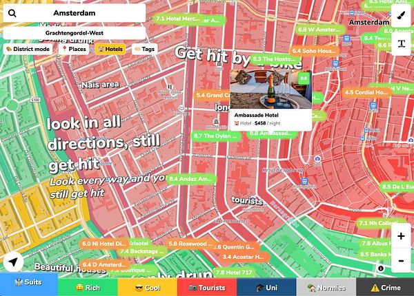 Map of Amsterdam showing different districts color-coded by types of people, with a Hotels filter active displaying hotel ratings, prices, and an image of Ambassade Hotel.