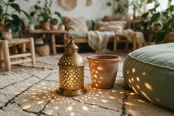 A cozy bohemian living room detail with a perforated brass lantern casting star-shaped light onto a patterned rug. A terracotta pot sits beside a sage green floor cushion, with layered natural wood furniture, woven textures, and leafy plants in the softly blurred background.