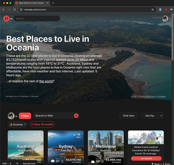 A webpage displaying the best places to live in Oceania with detailed information on various cities.