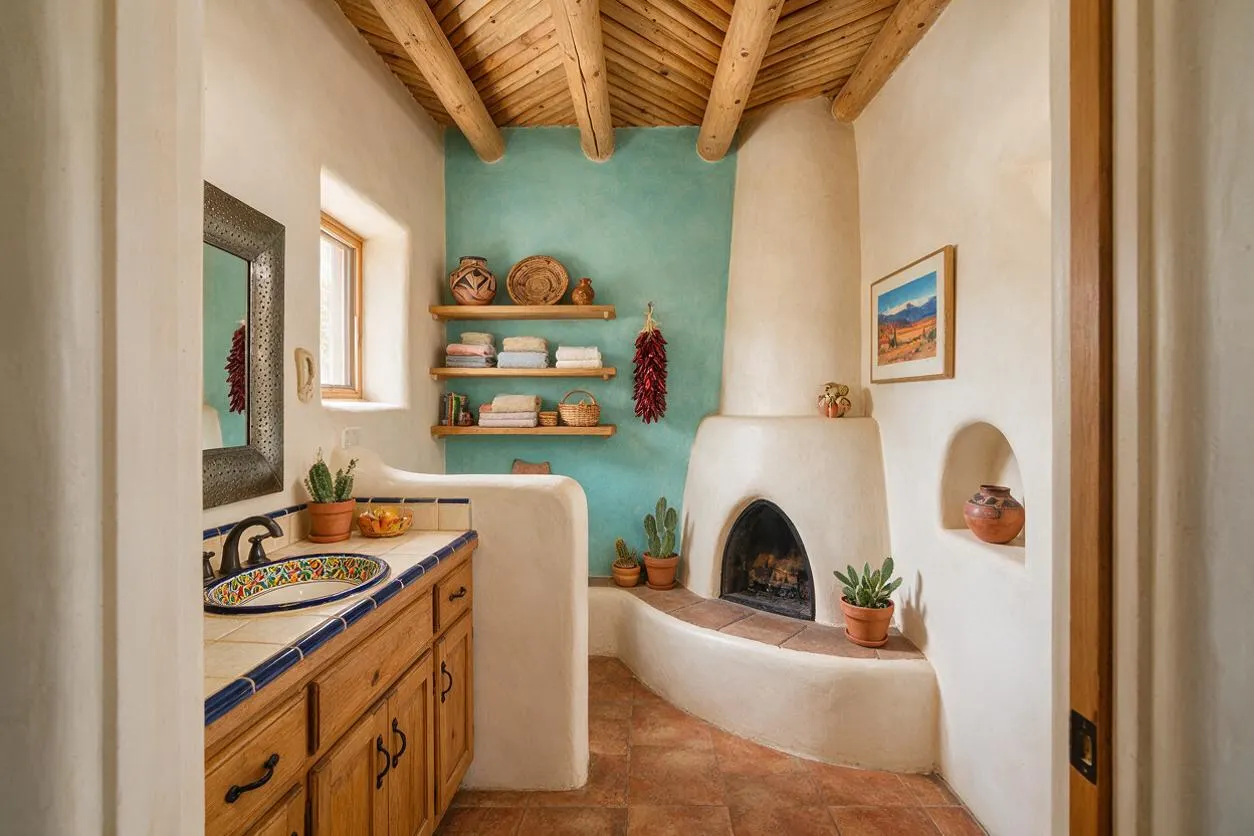 A Southwestern-style master bathroom with a rustic wood vanity and colorful Talavera sink in the foreground, a turquoise accent wall with open shelves at the back, and a white adobe-style fireplace with a curved hearth. Exposed wood ceiling beams, terracotta tile flooring, potted cacti, and pottery accents create a warm, earthy atmosphere.