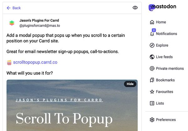 A Mastodon post promoting a scroll-to-popup plugin for Carrd sites.