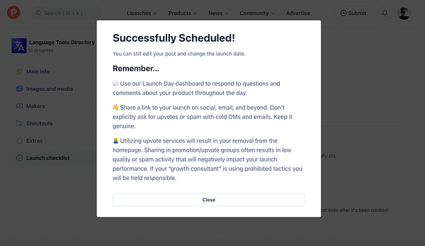 A confirmation message indicating a successful scheduling of a product launch on Product Hunt.
