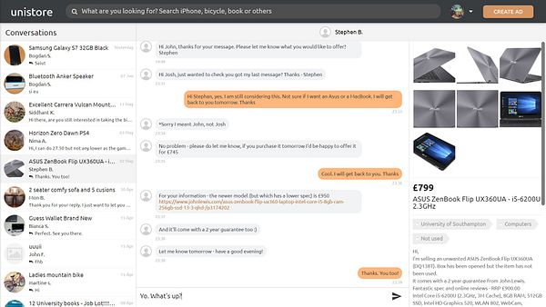 The image shows a messaging interface with a conversation thread and product details on an ASUS ZenBook Flip. 