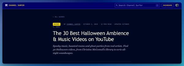 A webpage from Channel Surfer displaying a guide titled 'The 30 Best Halloween Ambience & Music Videos on YouTube'.