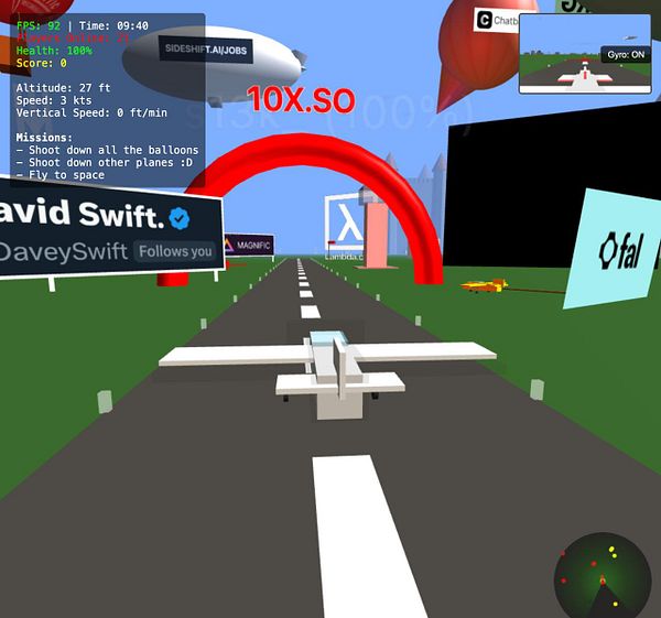 A 3D game interface displaying an airplane flying down a runway with various in-game elements and information.