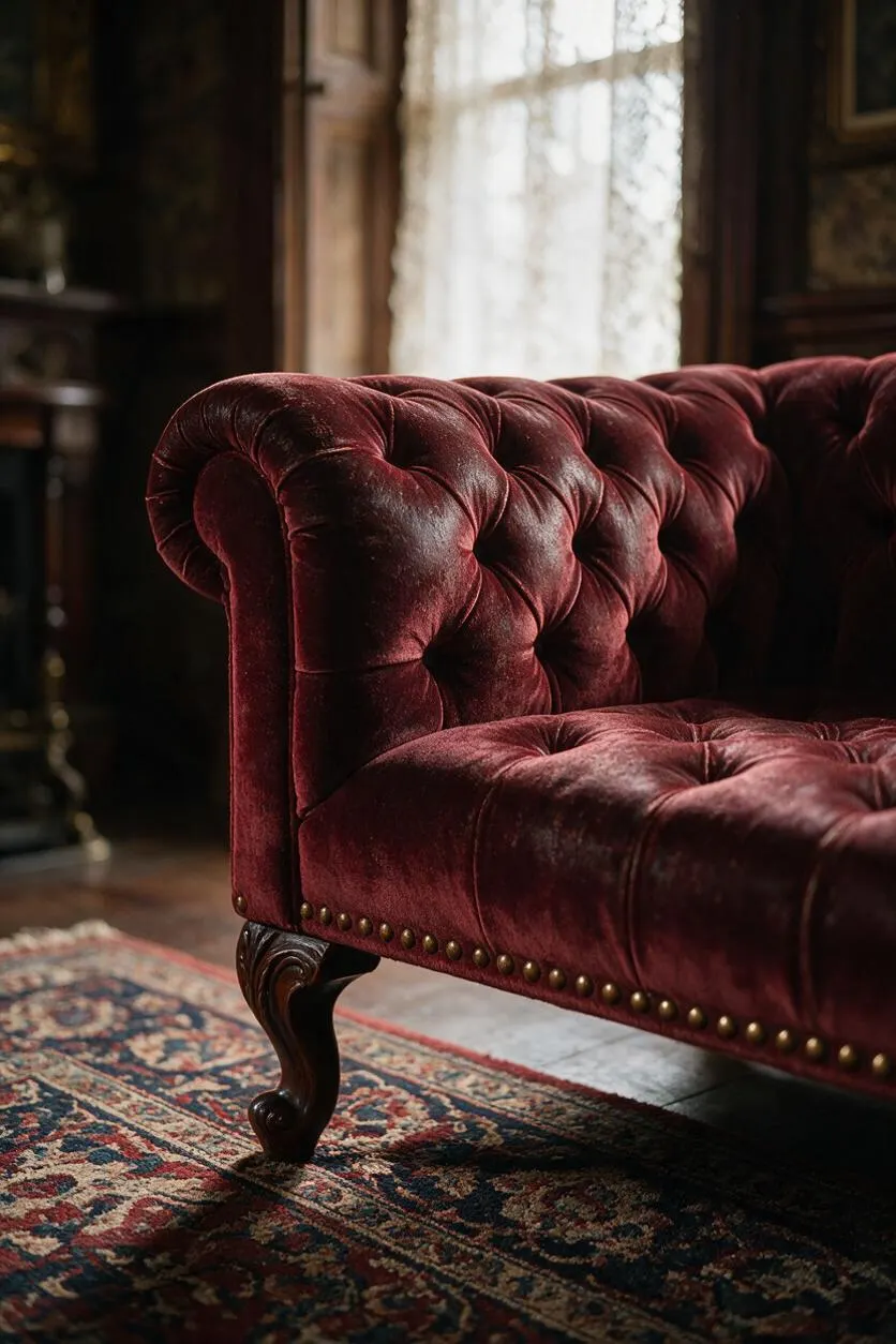 A close-up of a Victorian-style sofa upholstered in deep burgundy velvet, featuring deep button tufting, rolled arms, brass nailhead trim, and carved dark wood legs. It sits on a patterned oriental rug in a dim, traditional room with a bright window behind it.