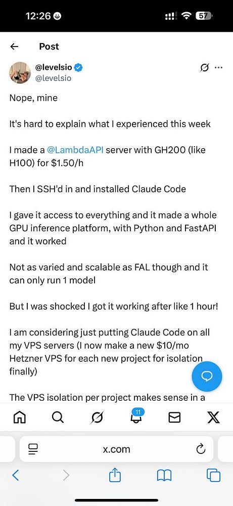 A Twitter post detailing a user's experience with setting up a Lambda API server and installing Claude Code.