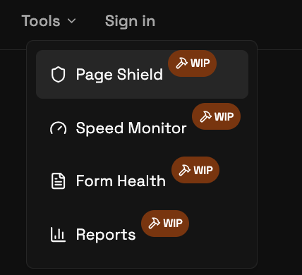 The image displays a dropdown menu with various tools, each labeled with a 'WIP' badge.