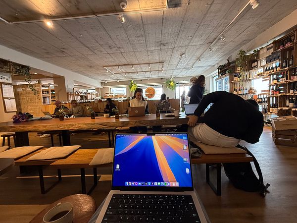 A cozy workspace in The Organic café in Ericeira, featuring people working on laptops and a warm, inviting atmosphere.