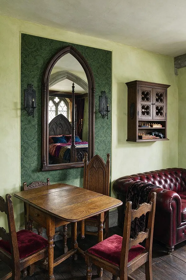 A Gothic-inspired game room with a pointed arched mirror centered on a textured green wall, flanked by dark metal wall sconces. A small wooden game table with carved chairs and red velvet seats sits in front, while a burgundy tufted leather sofa and a wall cabinet with chess pieces add to the moody, old-world atmosphere.
