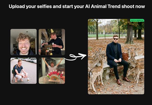 The image features a collage of selfies alongside a high-fashion AI-generated photo of a model with deer.