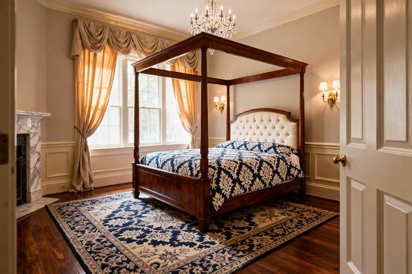 A traditional bedroom with a mahogany four-poster canopy bed featuring an arched ivory tufted headboard and navy damask bedding. A large patterned rug sits on hardwood floors, champagne-gold drapery frames tall windows, a crystal chandelier and brass wall sconces provide warm light, and a white marble fireplace stands to the left against beige walls with paneled wainscoting and crown molding.