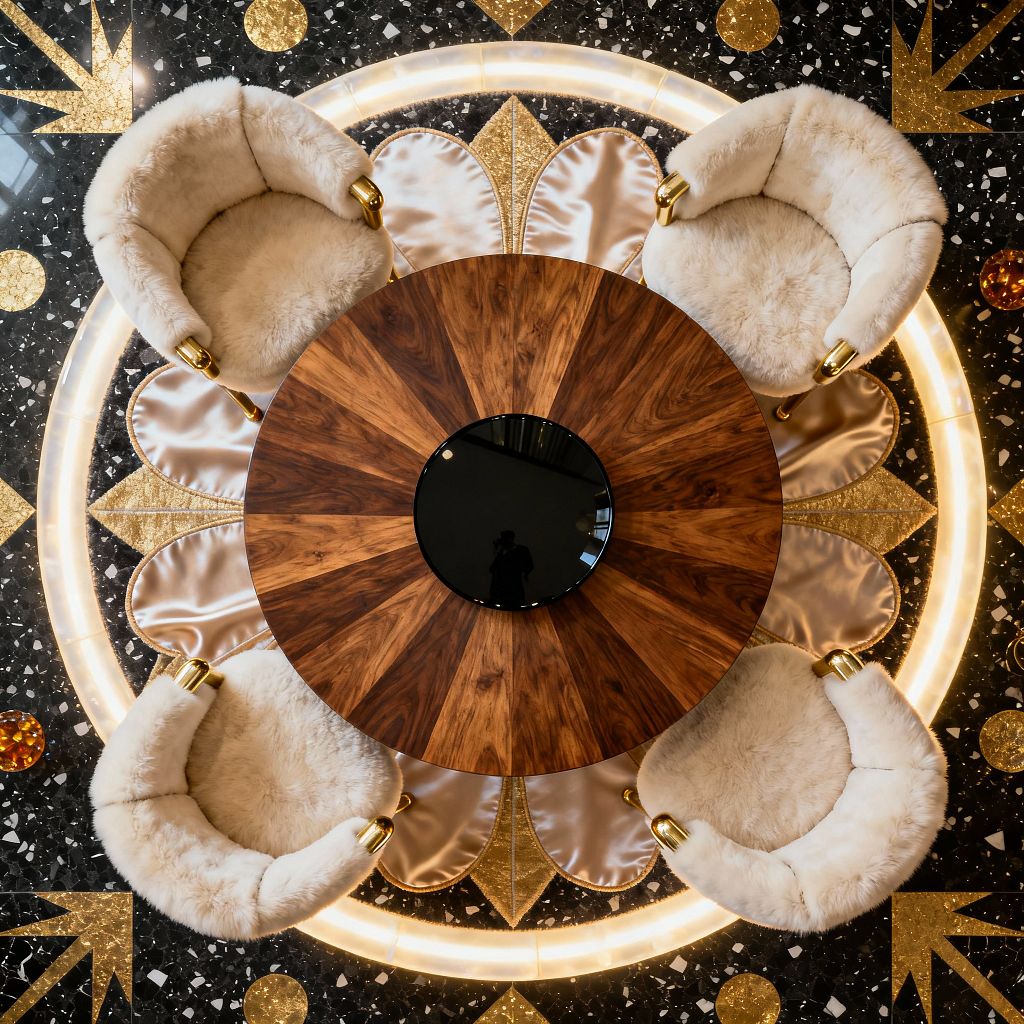 Overhead view of a glamorous dining setting with a round walnut table featuring a glossy black glass center, surrounded by four cream faux‑fur barrel chairs with polished gold metal arms and legs. The ensemble sits on a dramatic black terrazzo floor with a circular, backlit Art Deco medallion formed by glittering gold elements and champagne satin-like petal shapes, creating a luxurious, high-contrast Hollywood Regency atmosphere.